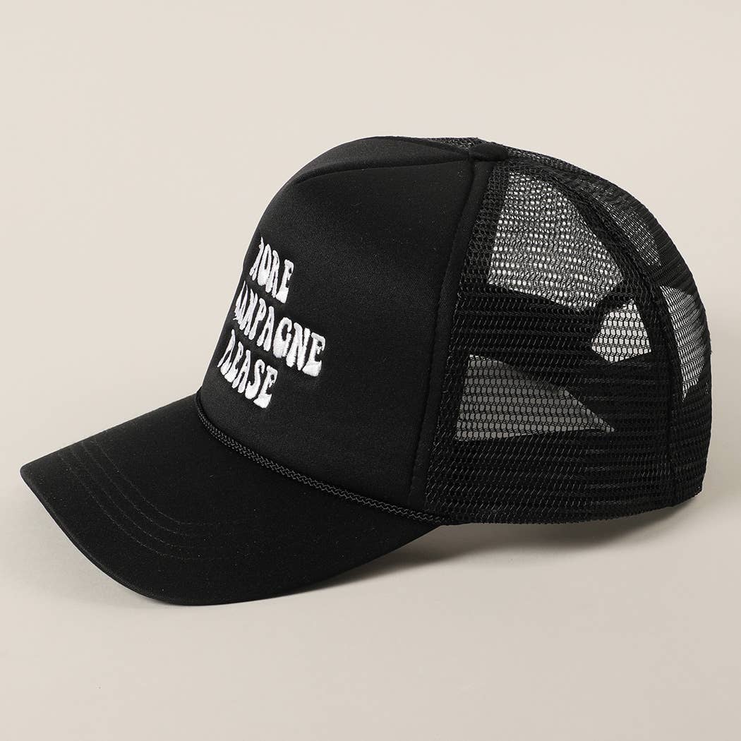 More Champagne Please Embroidered Trucker Cap: Beige
