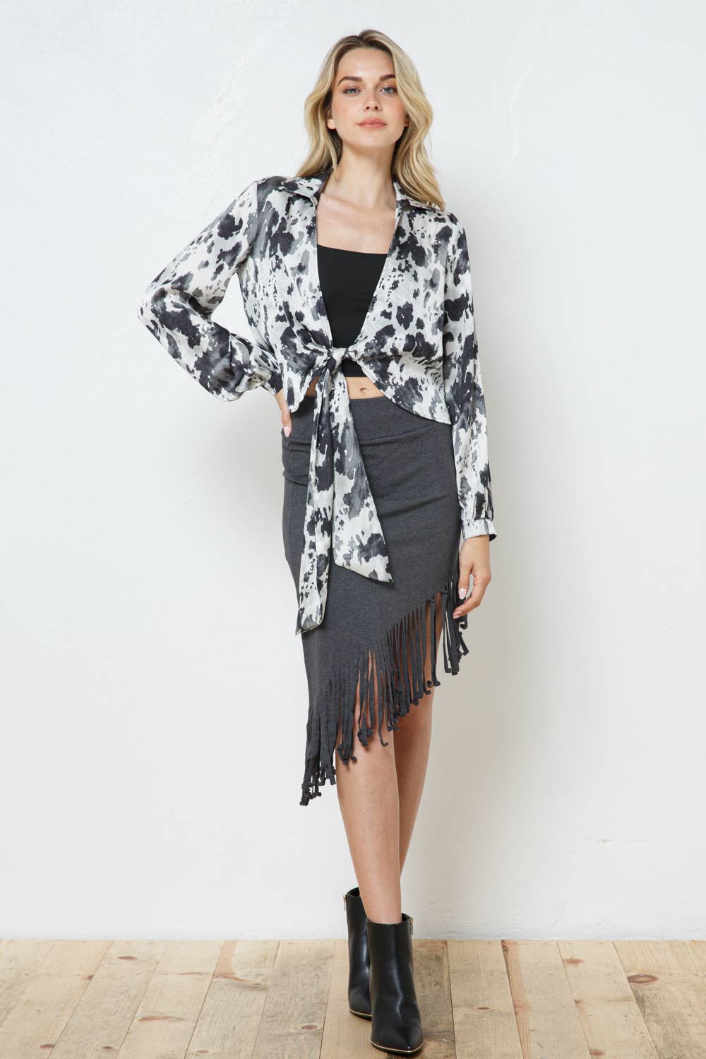 Asymmetrical Fringe French Terry Skirt