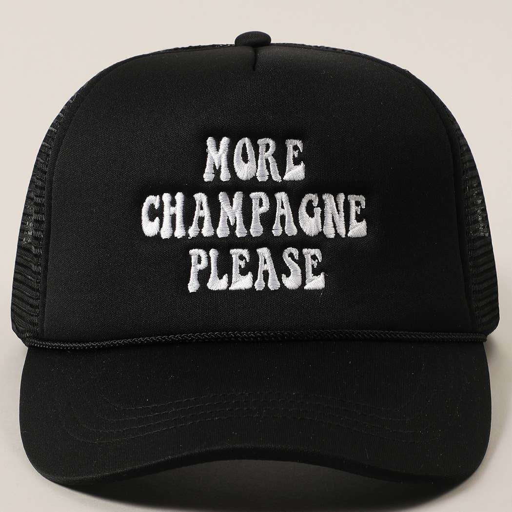 More Champagne Please Embroidered Trucker Cap: Beige