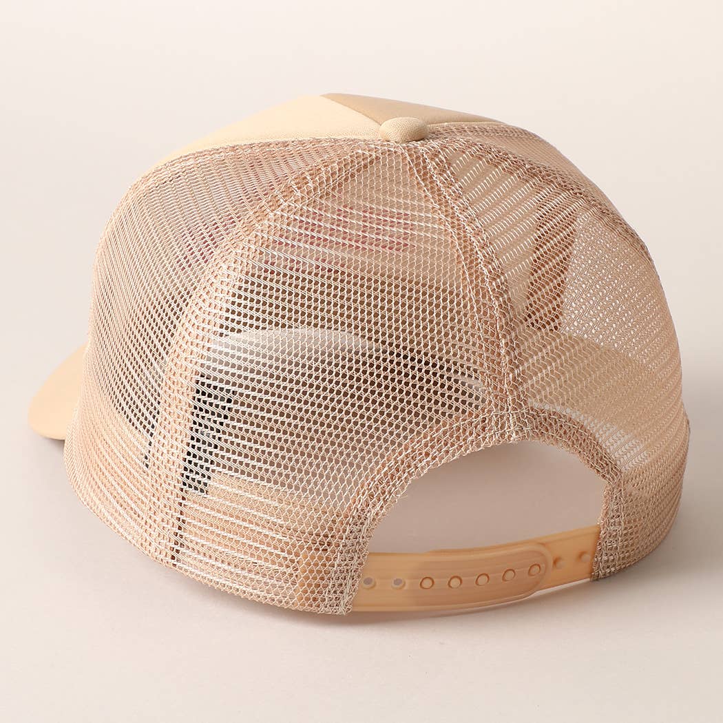 More Champagne Please Embroidered Trucker Cap: Beige