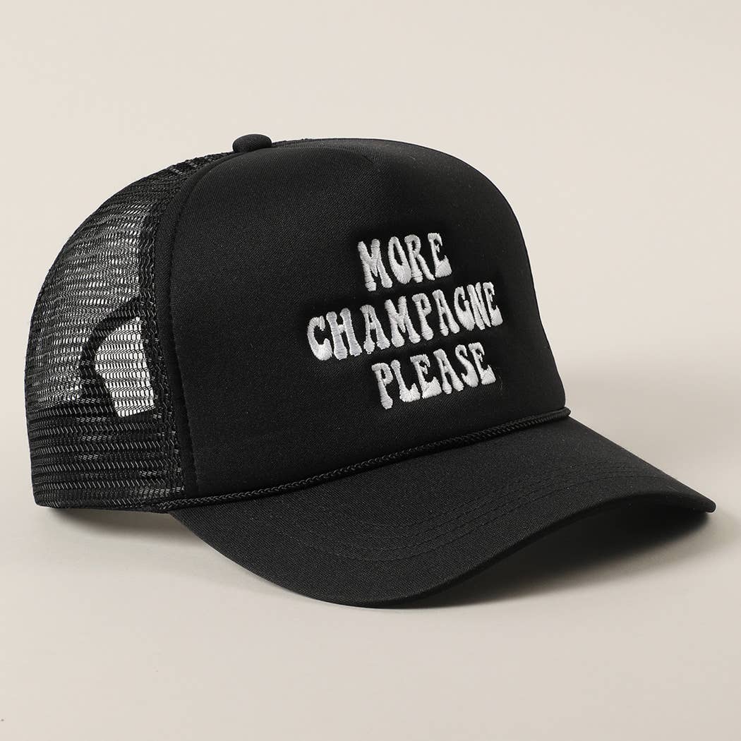 More Champagne Please Embroidered Trucker Cap: Beige