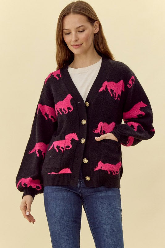 Horse Cardigan - Hot Pink & Black