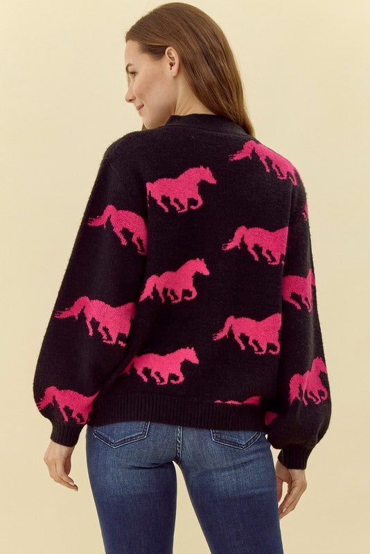Horse Cardigan - Hot Pink & Black