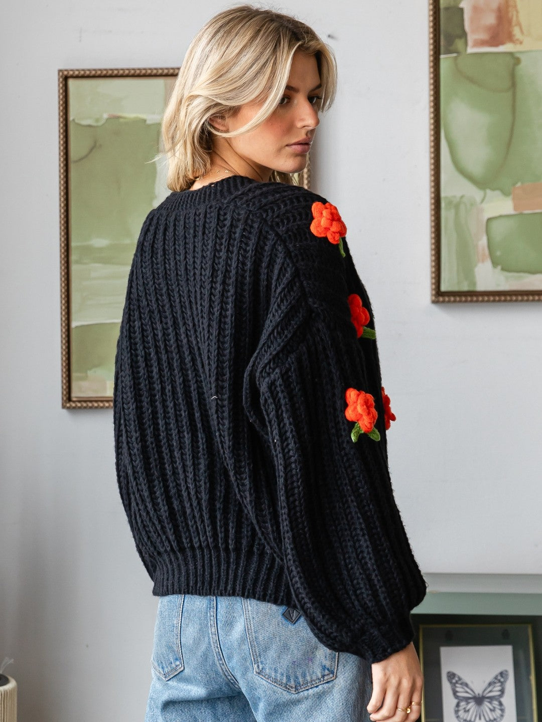 Floral Knit Cardigan - Black & Red
