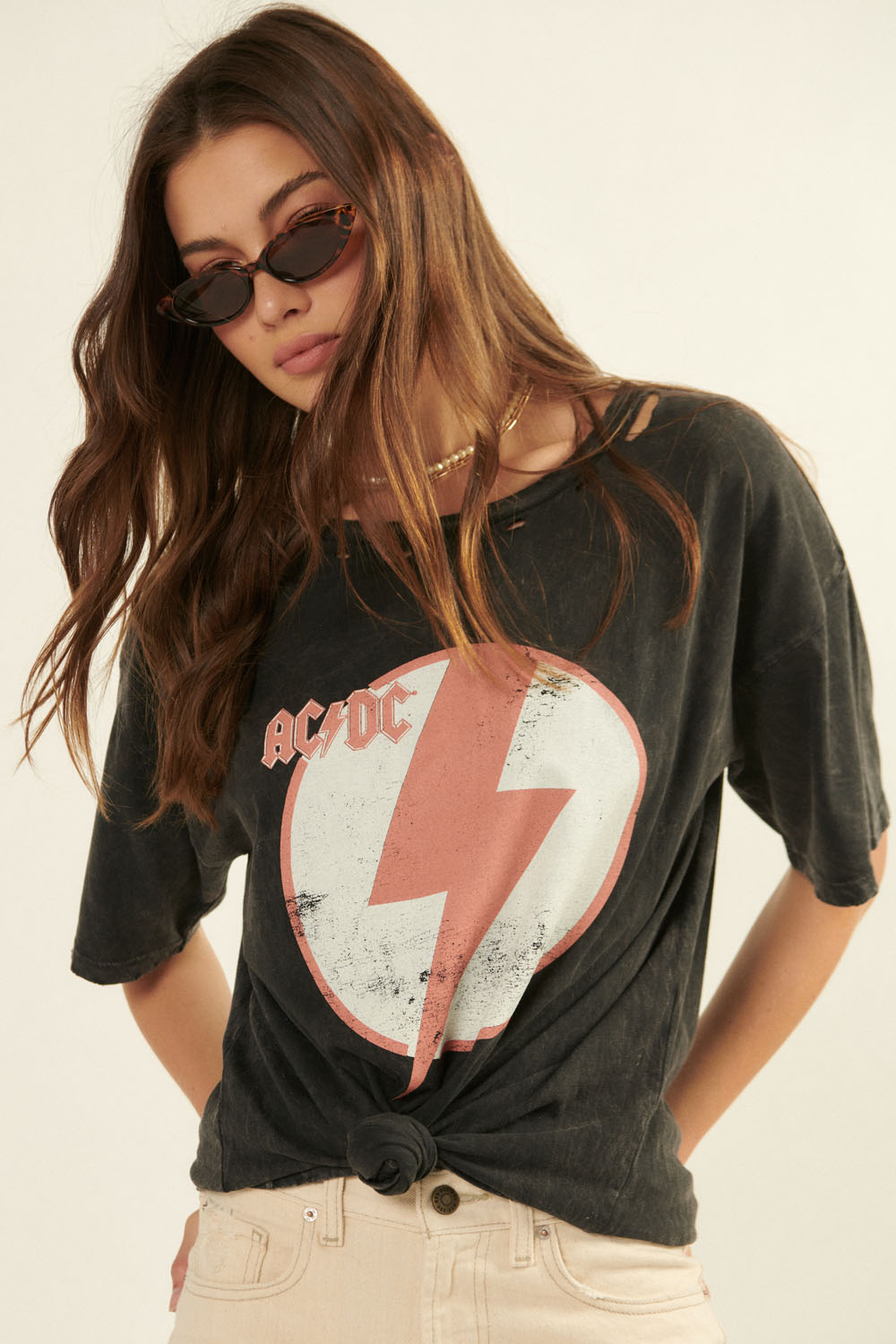 Graphic Distressed Tee ACDC Lightning