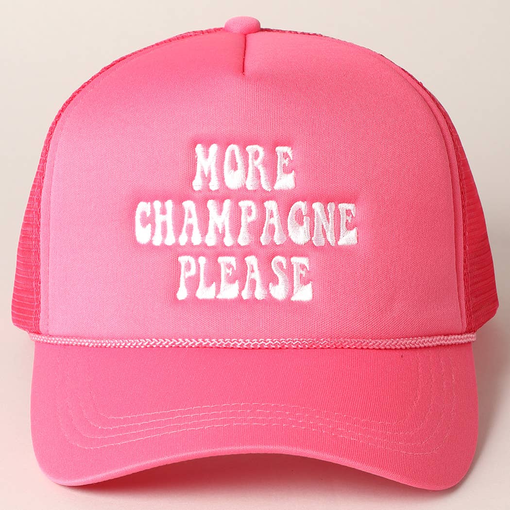 More Champagne Please Embroidered Trucker Cap: Beige