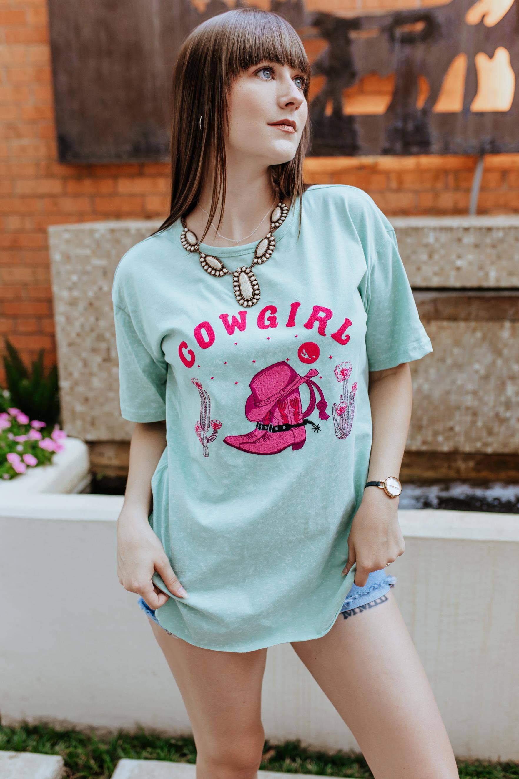 Azalea Cowgirl Embroidered Round Hem Tee