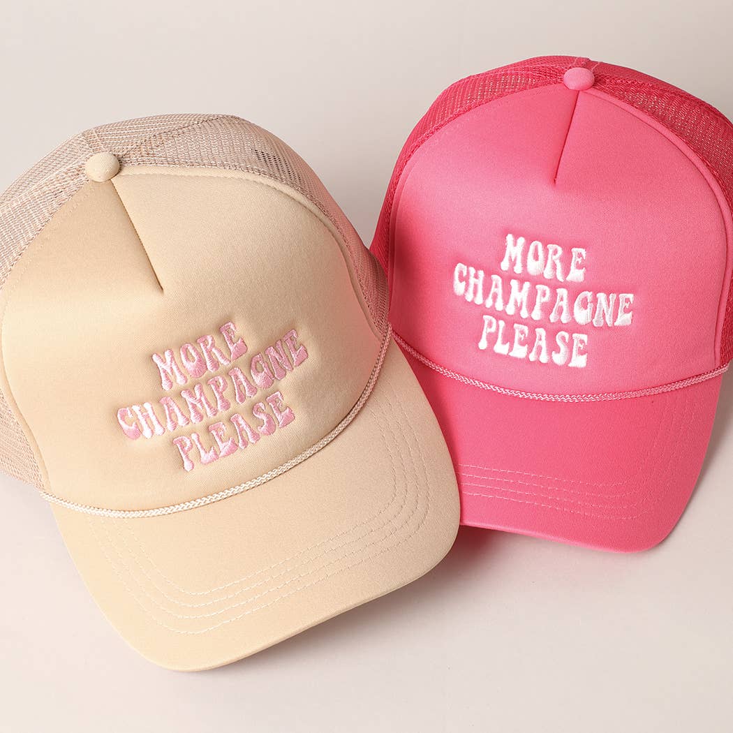 More Champagne Please Embroidered Trucker Cap: Beige