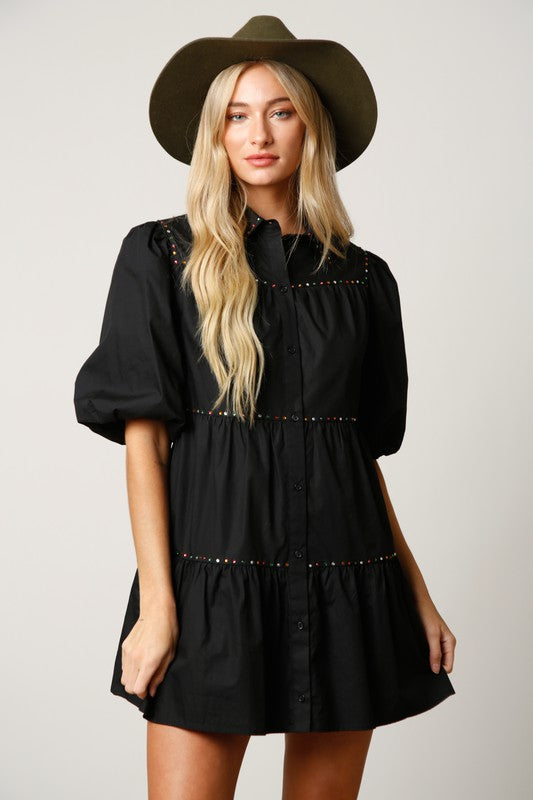Black Rhinestone Detail Shirt Dress