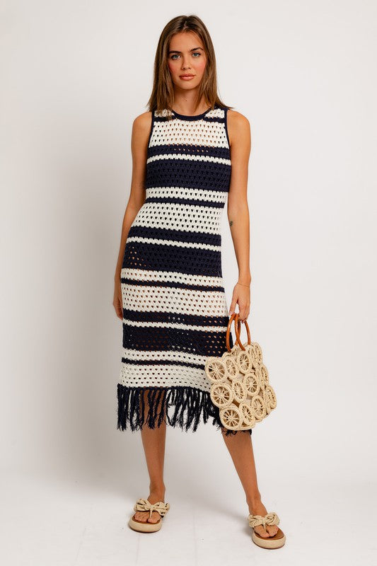 Sleeveless Crochet Dress Navy/White