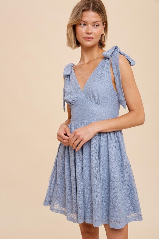 Lace V-Neck Tie Strap Dress Dusty Blue