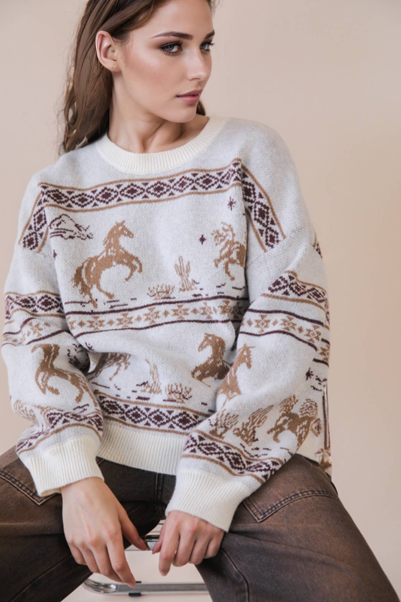 Oversized Western Graphic Knit Sweater