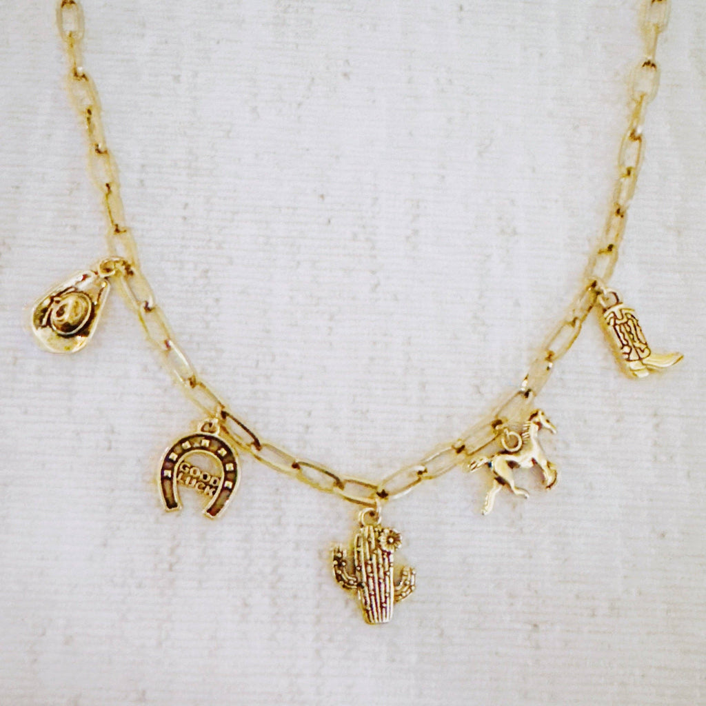 Western Cowgirl Charm Necklace – Cactus, Horseshoe & Boot