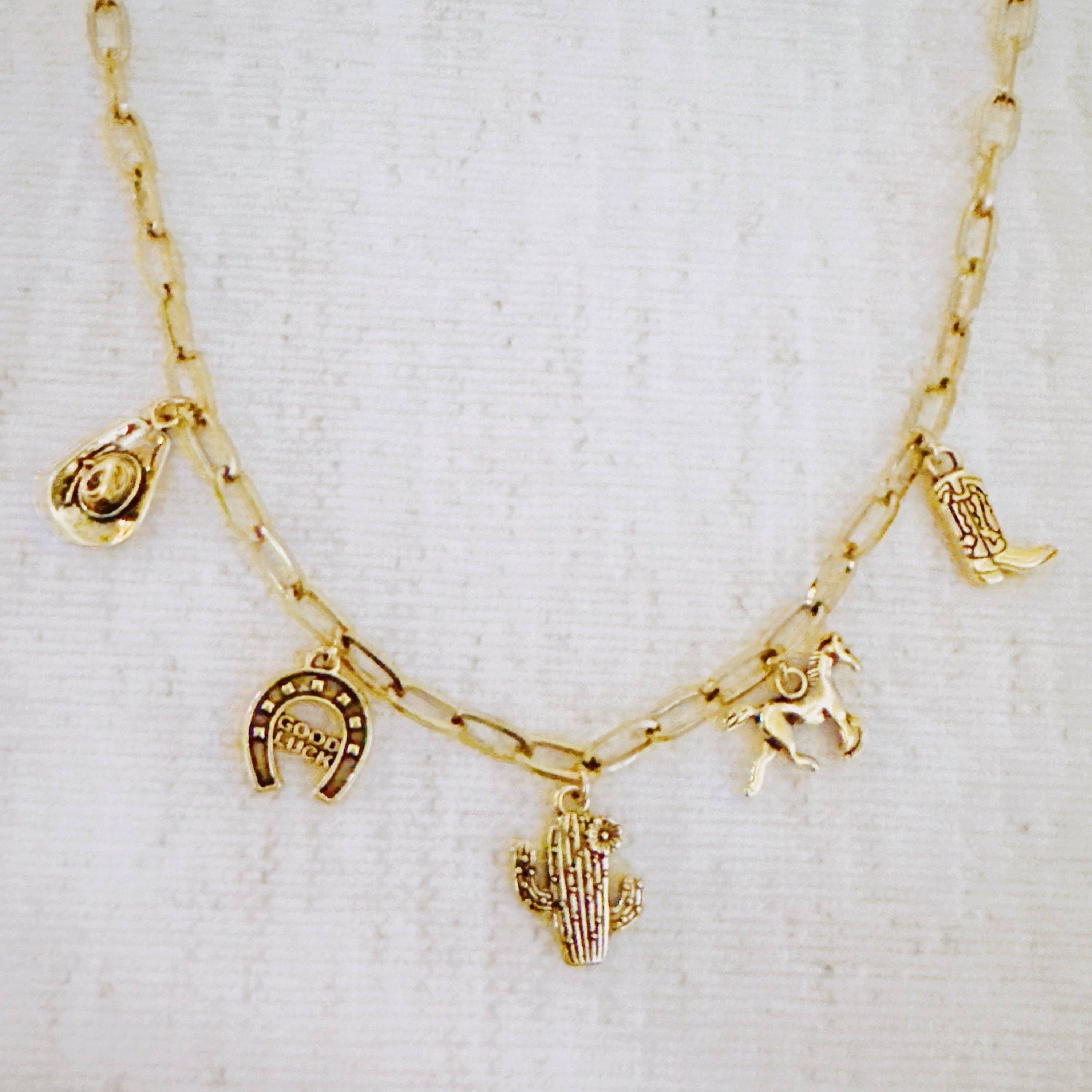 Western Cowgirl Charm Necklace – Cactus, Horseshoe & Boot