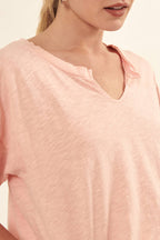Distressed Mineral Washed Split-Neck Cropped Tee: Blush / S