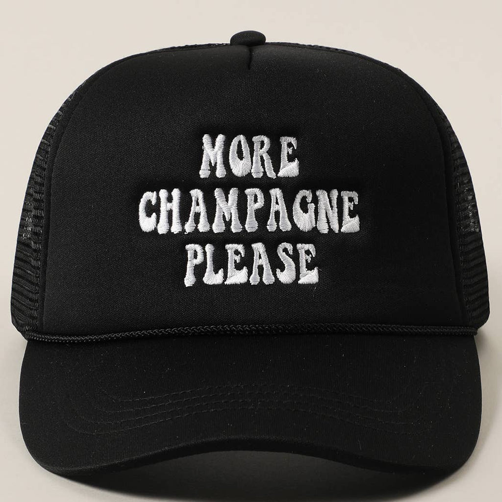 More Champagne Please Embroidered Trucker Cap: Beige