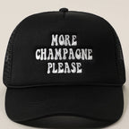 More Champagne Please Embroidered Trucker Cap: Beige