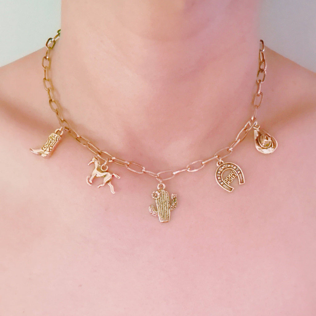 Western Cowgirl Charm Necklace – Cactus, Horseshoe & Boot