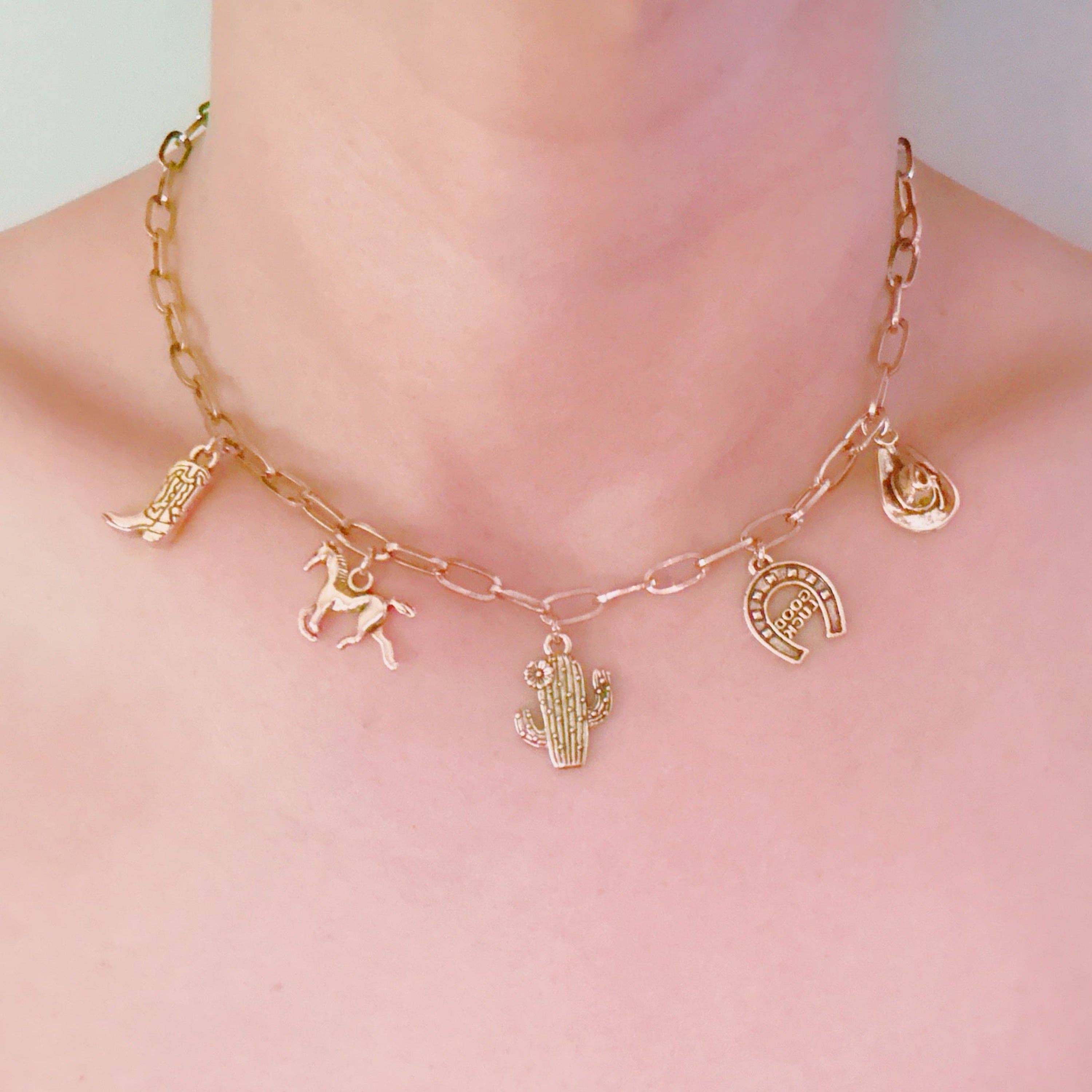 Western Cowgirl Charm Necklace – Cactus, Horseshoe & Boot
