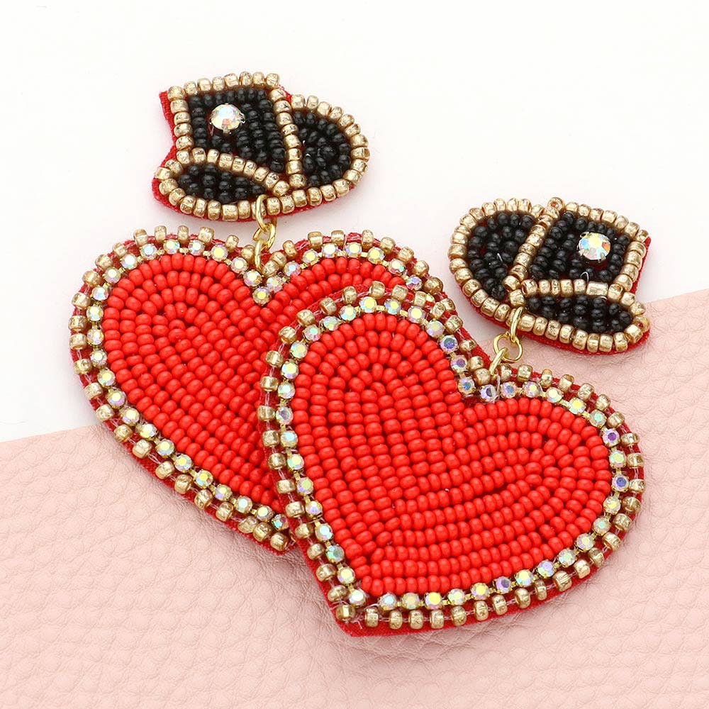 Red Heart Poker Hat Beaded Earrings