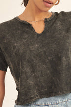 Distressed Mineral Washed Split-Neck Cropped Tee: Blush / S