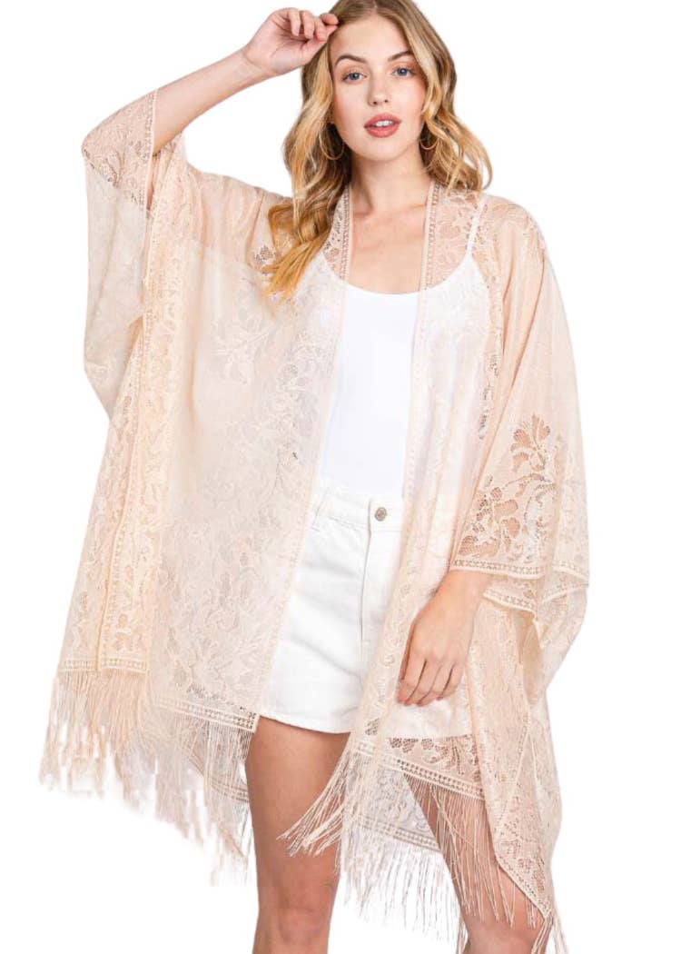Beige Lace Kimono Boho Fringe Kimono
