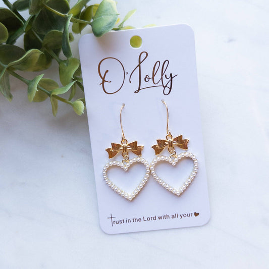 Gold Bow w/Heart Shaped Pearl Dangle Earrings