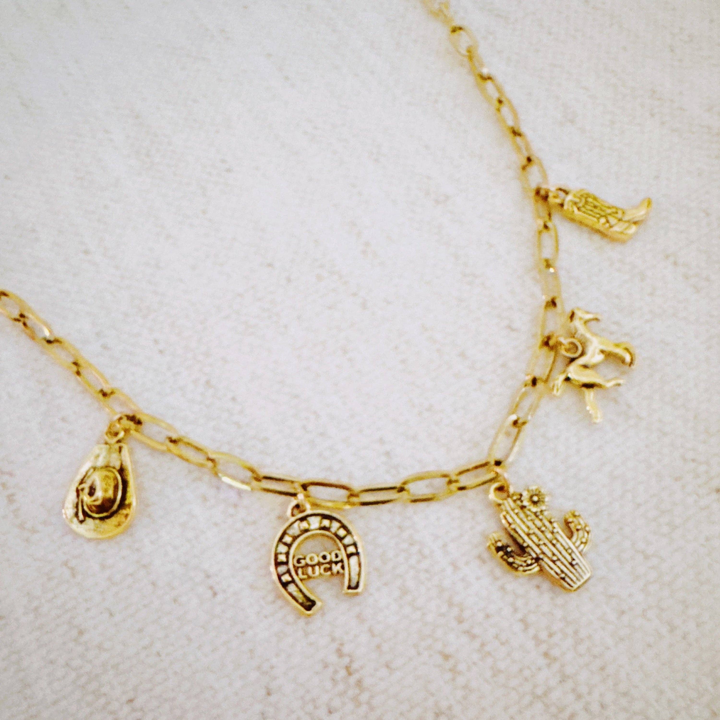 Western Cowgirl Charm Necklace – Cactus, Horseshoe & Boot
