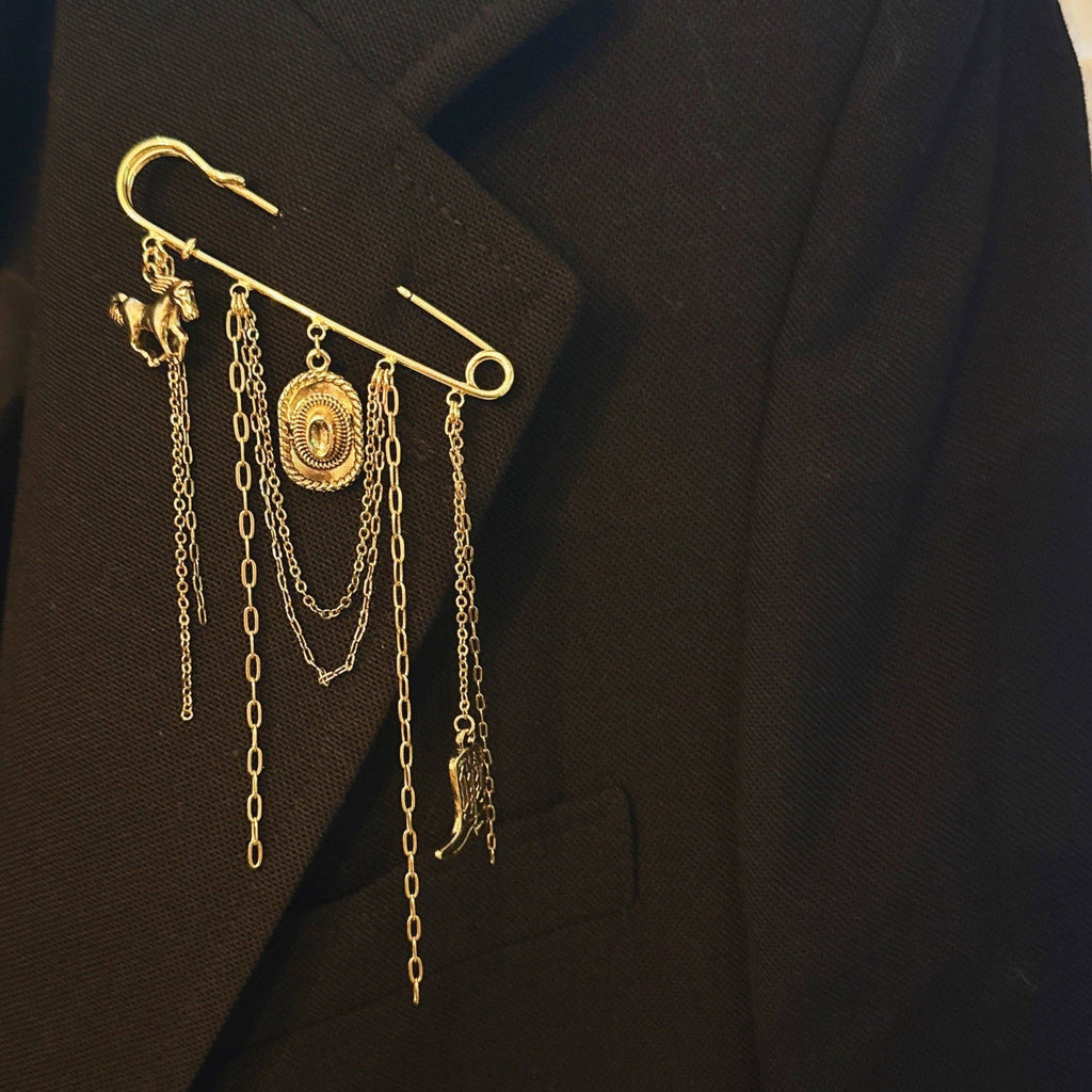 Western Charm Pin Brooch – Gold Safety Pin Style with Charms