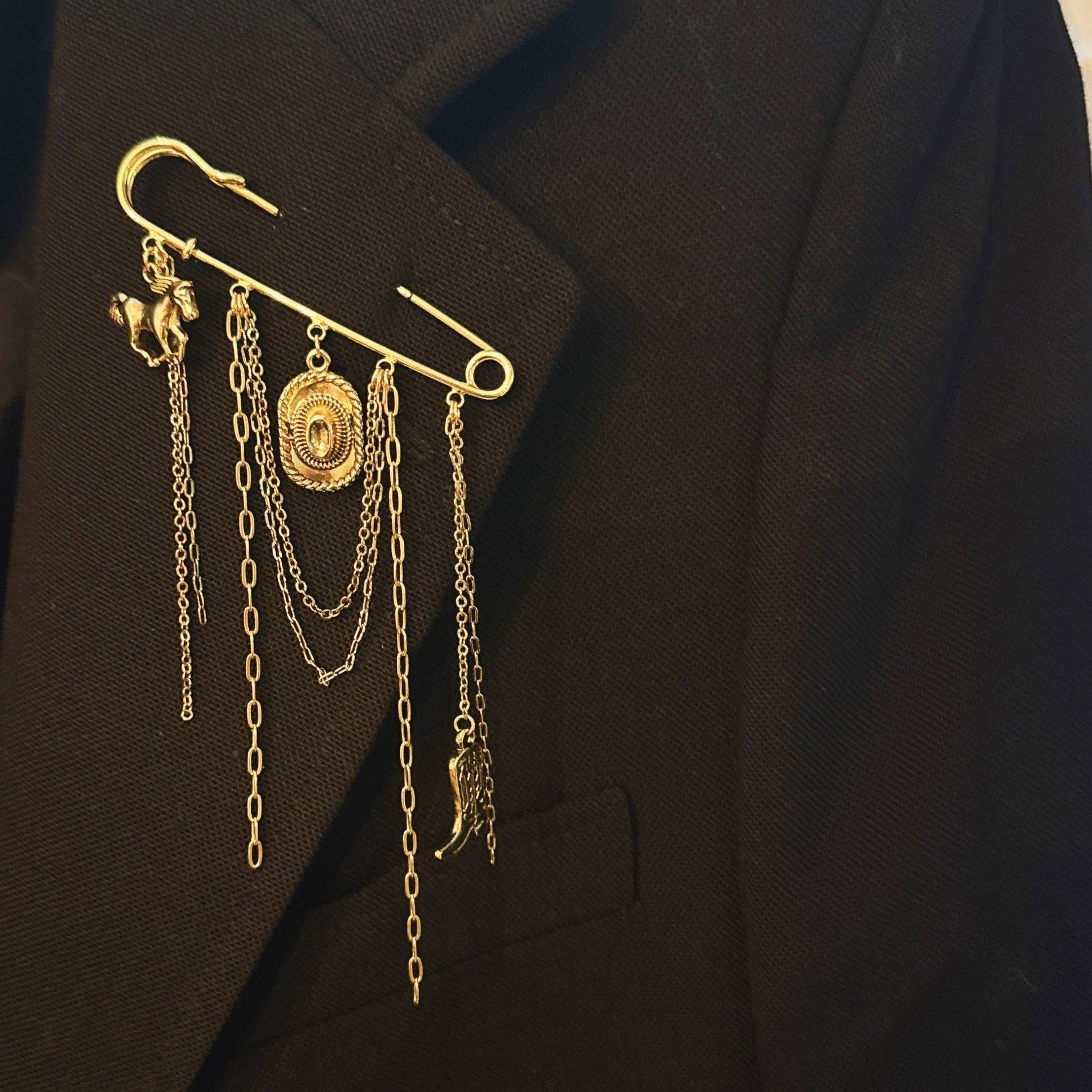 Western Charm Pin Brooch – Gold Safety Pin Style with Charms