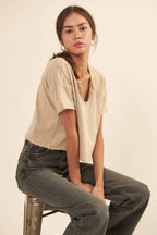 Distressed Mineral Washed Split-Neck Cropped Tee: Blush / S