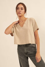 Distressed Mineral Washed Split-Neck Cropped Tee: Blush / S