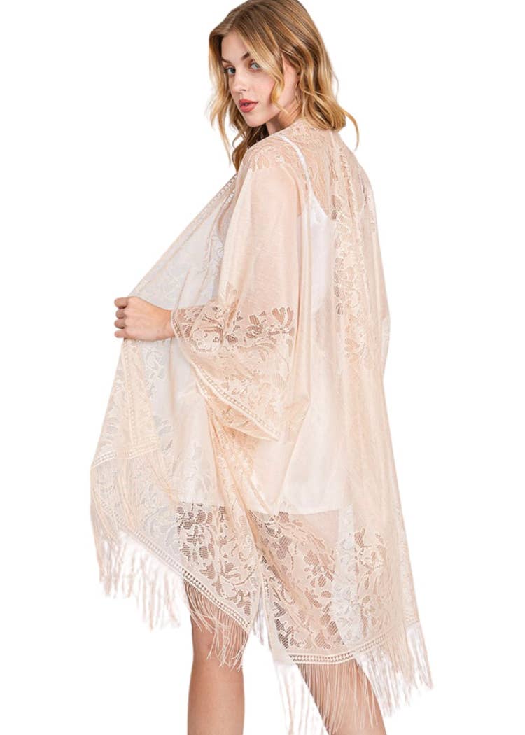 Beige Lace Kimono Boho Fringe Kimono