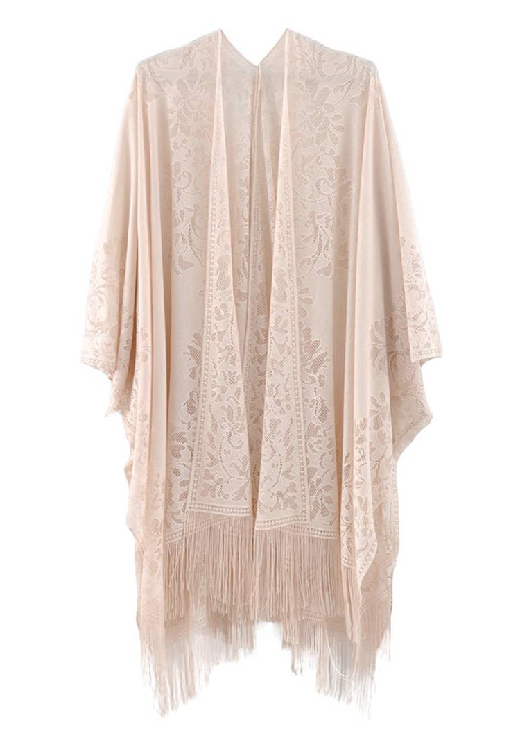 Beige Lace Kimono Boho Fringe Kimono