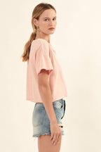 Distressed Mineral Washed Split-Neck Cropped Tee: Blush / S