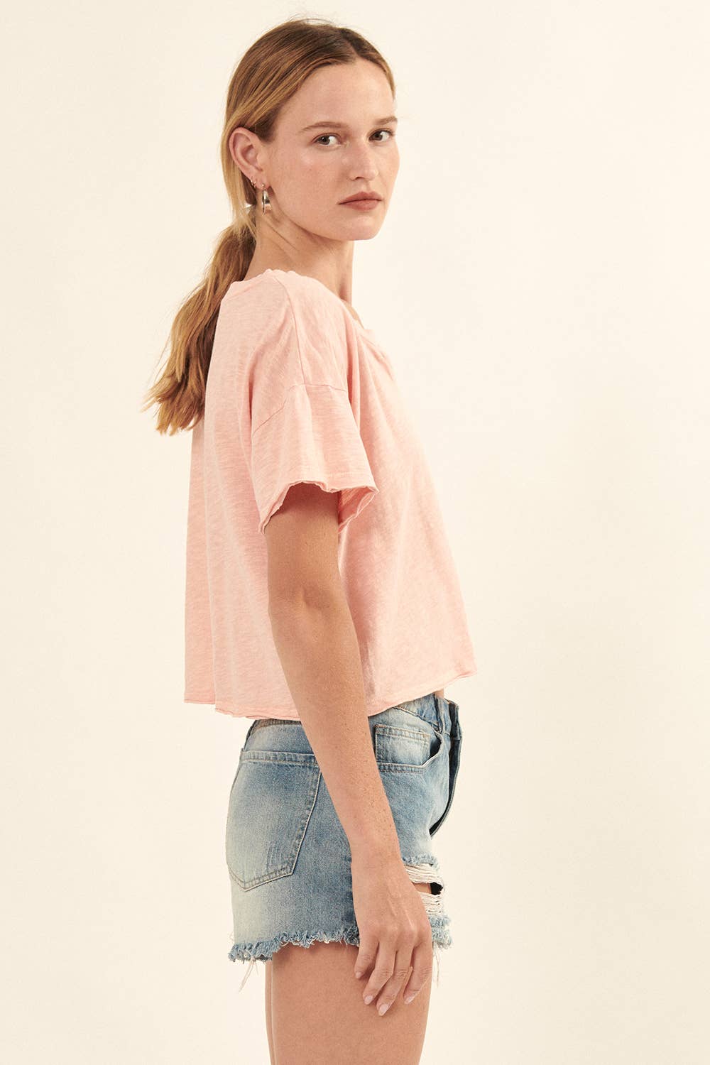 Distressed Mineral Washed Split-Neck Cropped Tee: Blush / S