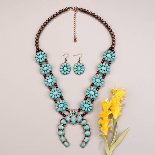 Squash Blossom Necklace - With Matching Earrings: Silver and Turquoise
