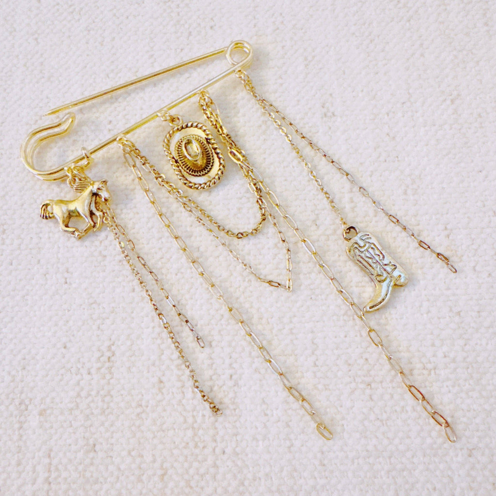 Western Charm Pin Brooch – Gold Safety Pin Style with Charms