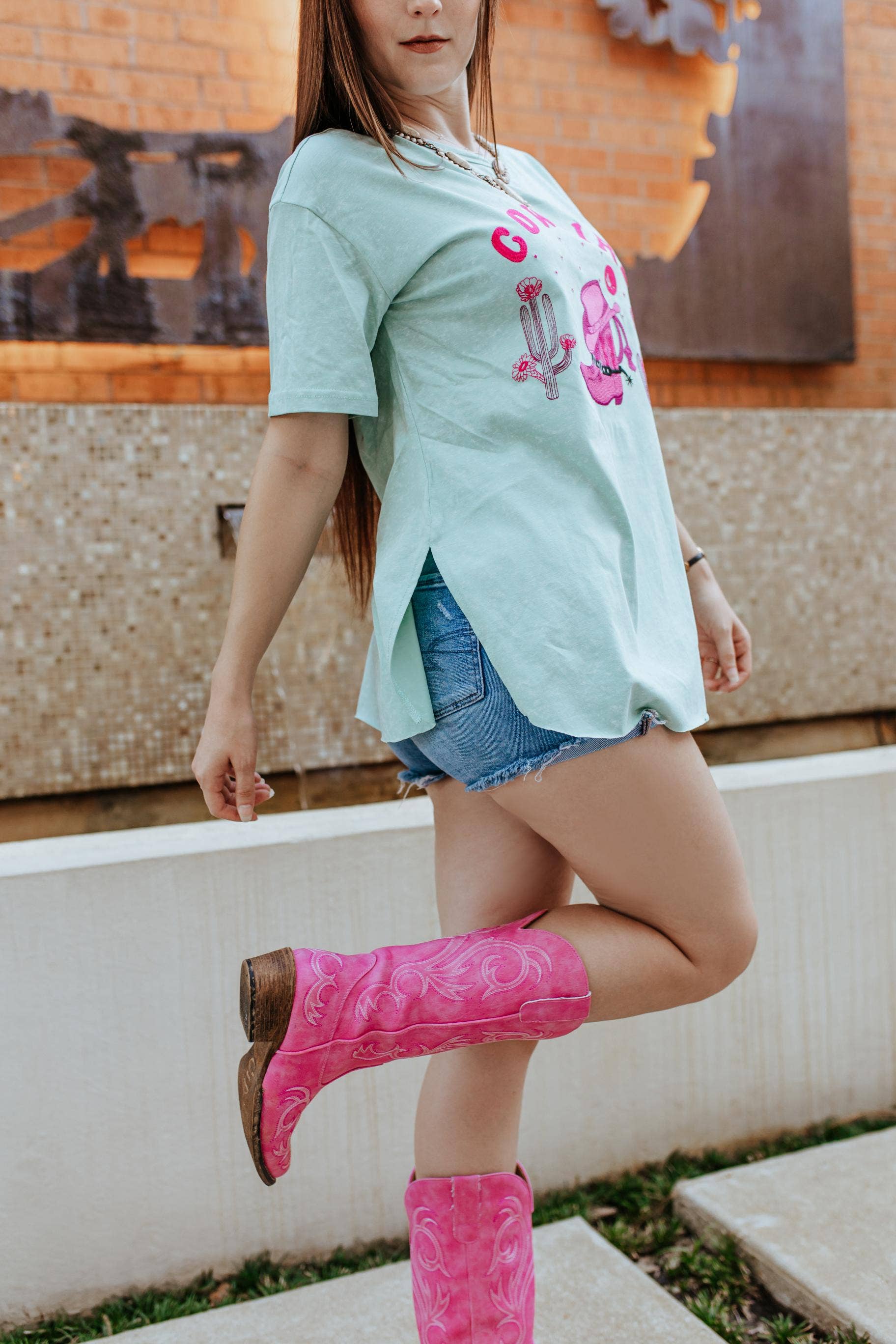 Azalea Cowgirl Embroidered Round Hem Tee