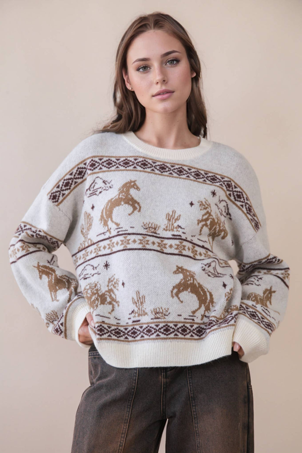 Oversized Western Graphic Knit Sweater