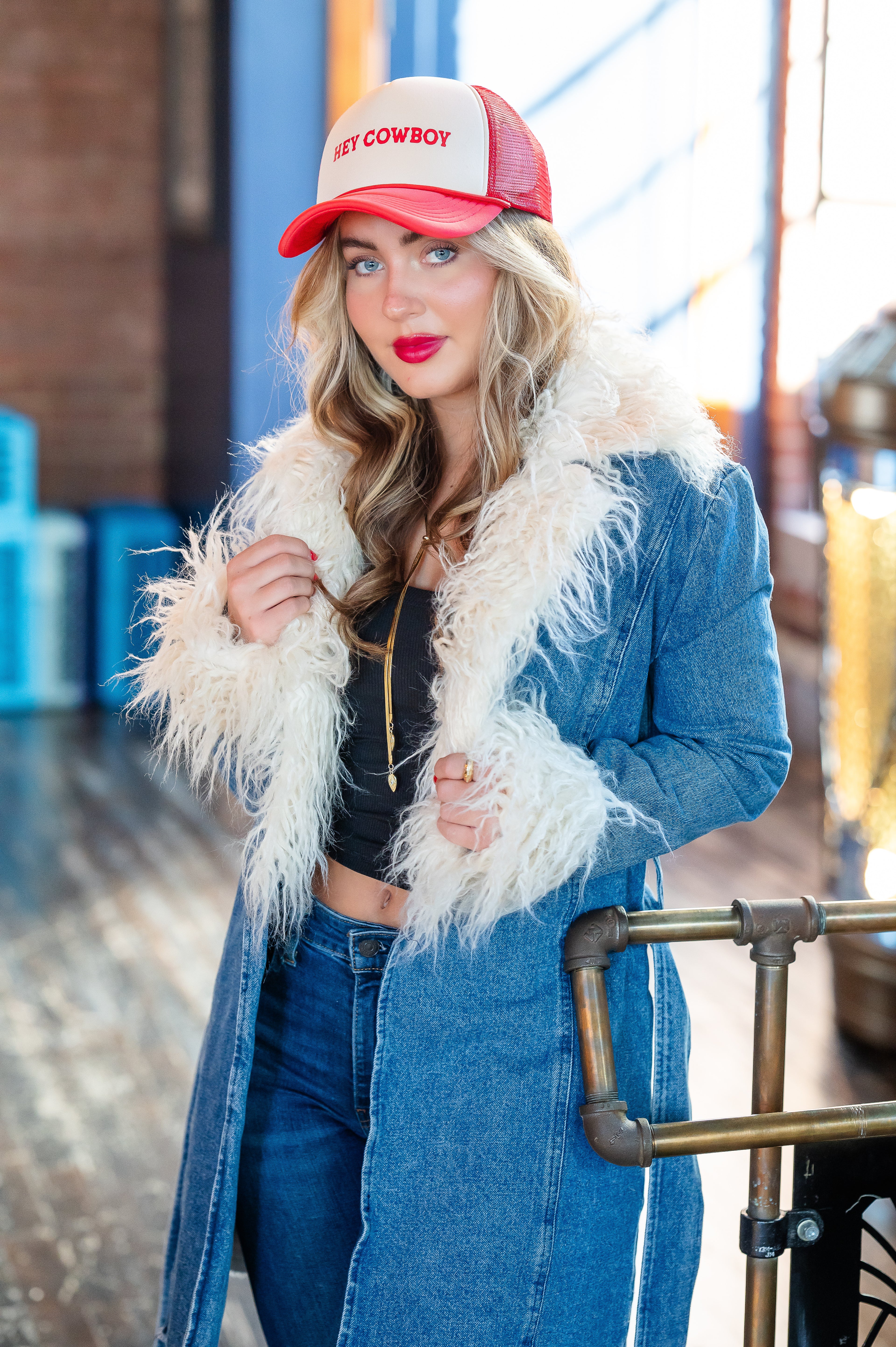 FAUX FUR DENIM COAT