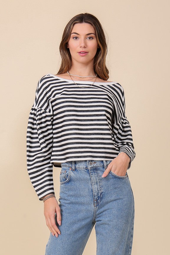Striped Balloon Sleeve Top