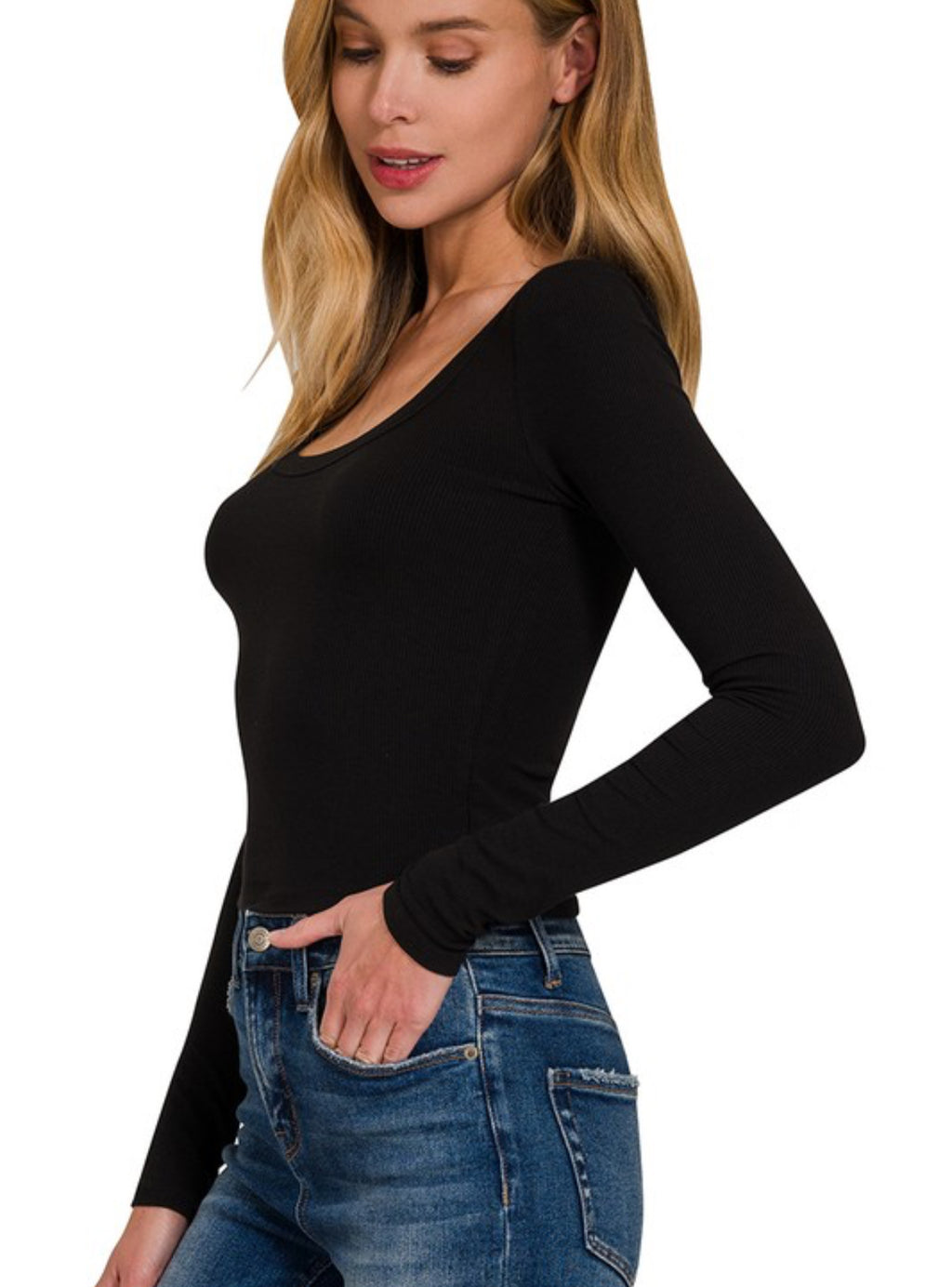 Ribbed Scoop Neck Long Sleeve T-shirt