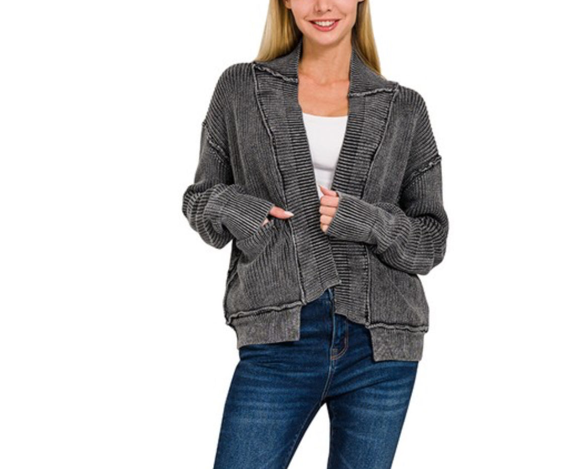 Mineral Wash Cardigan Sweater -Black