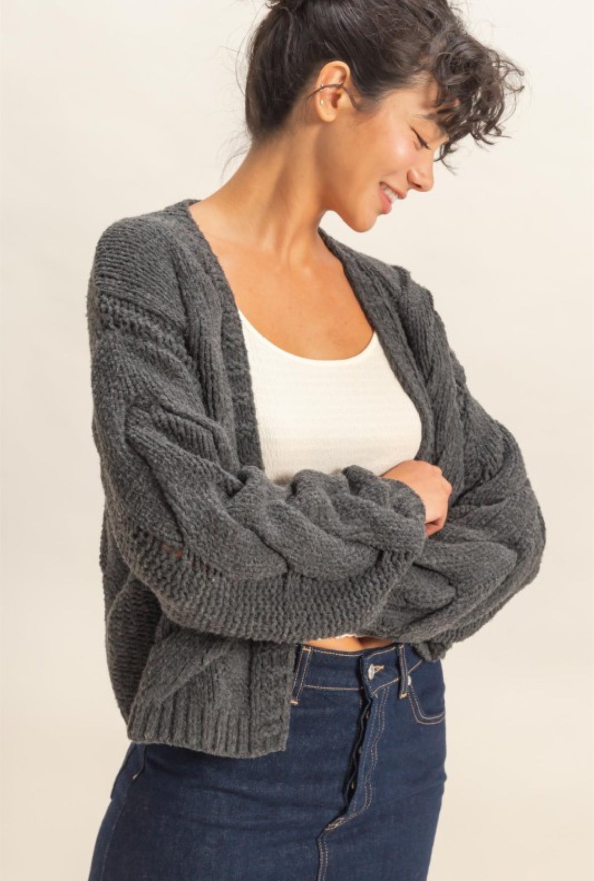 Cable Knit Cardigan -Charcoal