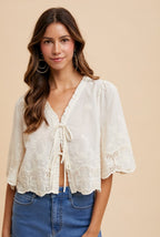 Tie Front Embroidered Blouse