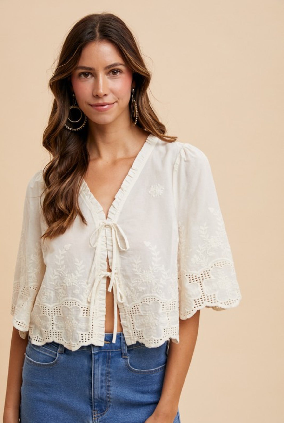Tie Front Embroidered Blouse
