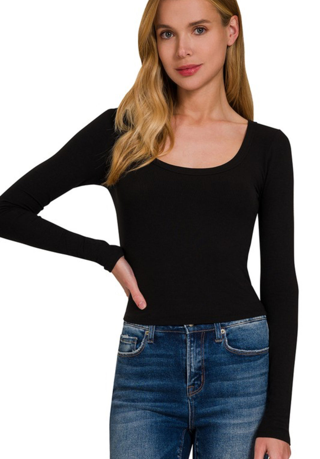 Ribbed Scoop Neck Long Sleeve T-shirt
