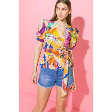 Tropical Printed Wrap Top