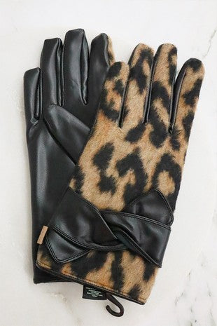 LEATHER BOW LEOPARD TOUCH GLOVES